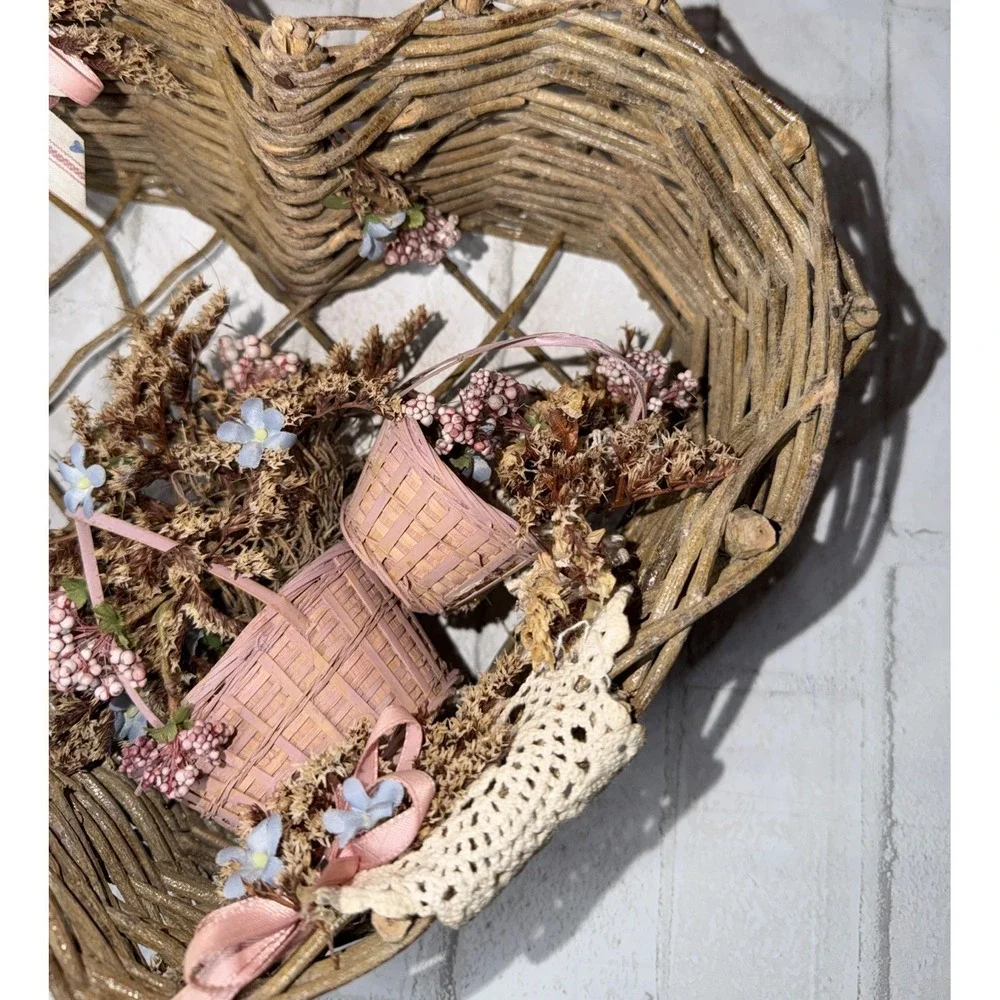 Twig Heart Wreath Primitive Rustic Country Cottage Pink Floral Basket Wall Decor